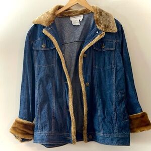 Pamela McCoy Blue Denim Jacket with Brown Faux Fur Sz S